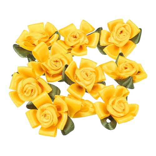 PATIKIL Mini Satinbandrosen, 10 Stück kleine Stoffblumen mit grünen Blättern für Bastelprojekte, Verzierungen, Applikationen, Gelb von PATIKIL