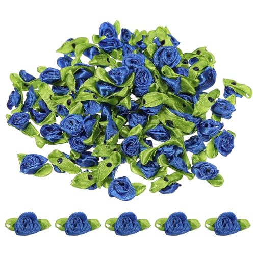 PATIKIL Mini Satinrosen, 100 Stück winzige Stoffblumen mit grünen Blättern, Verzierungen, Rosettenapplikationen für DIY-Basteln, Nähen, Hochzeit, Blau von PATIKIL