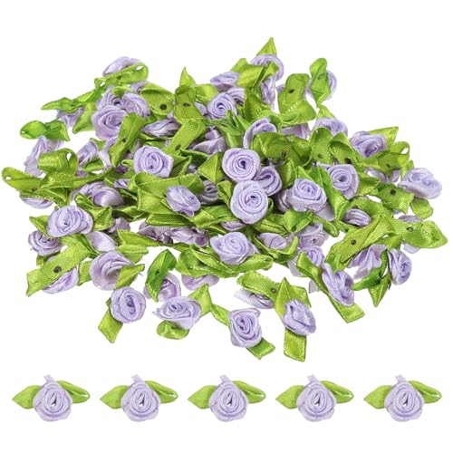 PATIKIL Mini Satinrosen, 100 Stück winzige Stoffblumen mit grünen Blättern, Verzierungen, Rosettenapplikationen für DIY-Basteln, Nähen, Hochzeit, Hellviolett von PATIKIL