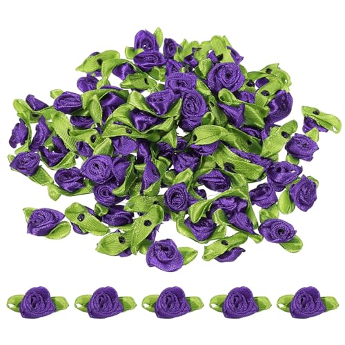 PATIKIL Mini Satinrosen, 100 Stück winzige Stoffblumen mit grünen Blättern, Verzierungen, Rosettenapplikationen für DIY-Basteln, Nähen, Hochzeit, Lila von PATIKIL