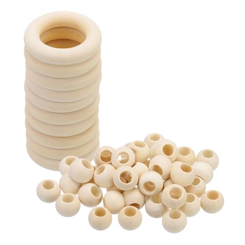 PATIKIL Natürliche Holzringe und unbehandelte Holzperlen-Set, 10 Stück 50mm Holzreifen & 30 Stück 20mm Holzfarbene runde lose Perlen für DIY-Anhänger, Makramee-Wanddekoration PATIKIL Natürliche Holzringe und unbehandelte Holzperlen-Set, 10 Stück 50mm Holzreifen & 30 Stück 20mm Holzfarbene runde lose Perlen für DIY-Anhänger, Makramee-Wanddekoration von PATIKIL