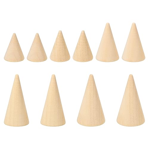 PATIKIL Natural Holz Kegel Ring Halter 10 Packung Finger Schmuck Anzeige Ständer Organizer Unbemalte Holzkegel für Heimwerker Handwerk 5 Größe Braun von PATIKIL