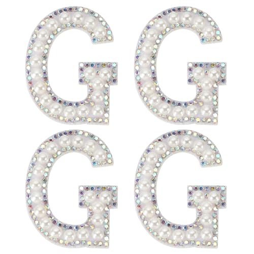 PATIKIL Pearl Letter Patches, 4 Stück Weiße Chenille-Buchstaben Glitzer Strass Alphabet Applikation Stoffaufnäher zum Aufbügeln für Kleidung Jacke Rucksack Hut, g von PATIKIL