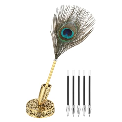 PATIKIL Pfauenfeder Kugelschreiber Großhandel, Metallhalter Schwarz Tinte Vintage Feder Schreibstifte mit 5 Stück Nachfüllung für Büro, Hochzeit Unterschrift, Gold. PATIKIL Pfauenfeder Kugelschreiber Großhandel, Metallhalter Schwarz Tinte Vintage Feder Schreibstifte mit 5 Stück Nachfüllung für Büro, Hochzeit Unterschrift, Gold. von PATIKIL