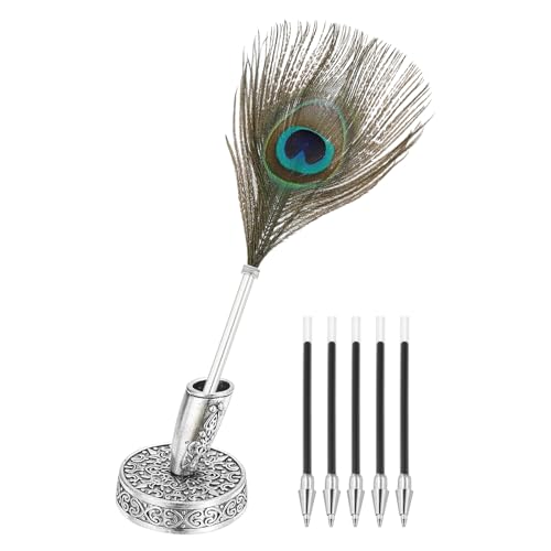 PATIKIL Pfauenfeder Kugelschreiber Großhandel, Metallhalter Schwarz Vintage Schreibfeder Kugelschreiber mit 5 Stück Nachfüllung für Büro, Hochzeit Unterschrift, Silber. PATIKIL Pfauenfeder Kugelschreiber Großhandel, Metallhalter Schwarz Vintage Schreibfeder Kugelschreiber mit 5 Stück Nachfüllung für Büro, Hochzeit Unterschrift, Silber. von PATIKIL