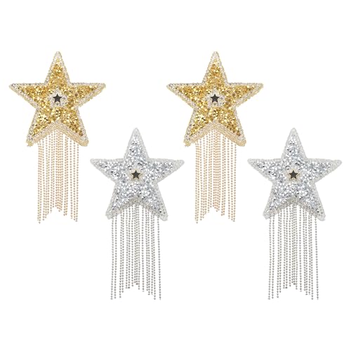 PATIKIL Stern Strass-Patches, 4 Stück Sternform Bügelaufnäher Strass-Applikation Glitzer Kristall-Patches mit Quaste für Schuhe Kleidung Hosen Taschen, Goldton/Silberton von PATIKIL