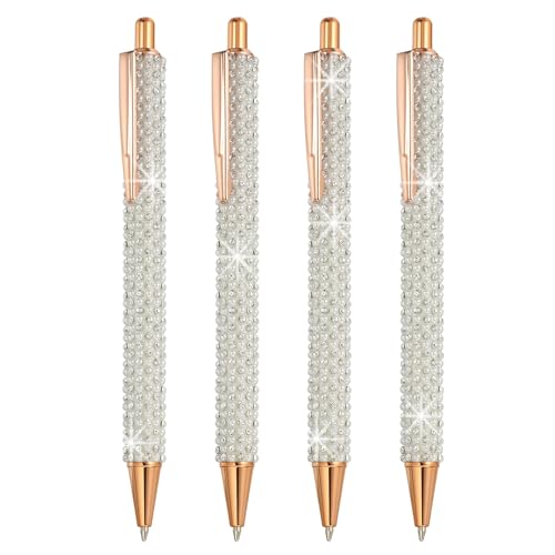 PATIKIL Strass Metall Kugelschreiber, 4er Pack Kristall Perlen Stifte Schwarz Tinte 1,0mm Spitze Glitzernd für Frauen Geschenk Büro Notizen Tagebuch, Weiß von PATIKIL