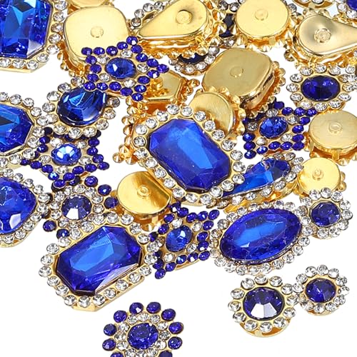 PATIKIL Strasssteine zum Aufnähen, 50 Stück gemischte Formen Glassteine Metallbasis Blumenkralle Strasssteine für Bastelarbeiten Schuhe Kleid, Dunkelblau (0,9-1,9 cm) von PATIKIL