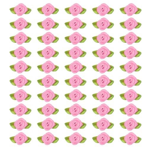 PATIKIL 15mm Winziges Satinband Rose 200Stk Stoff Blumen Verzierungen Rosetten Applikation mit Grün Blättern für Bastelarbeiten Hochzeit Dekoration Rosa von PATIKIL