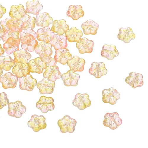 PATIKIL Zufällige Glasblumenperlen, 50er Pack transparente Blumenperlen Hibiskusperlen für DIY-Schmuckherstellung Armbänder in Großpackung, Gelb/Rosa. von PATIKIL