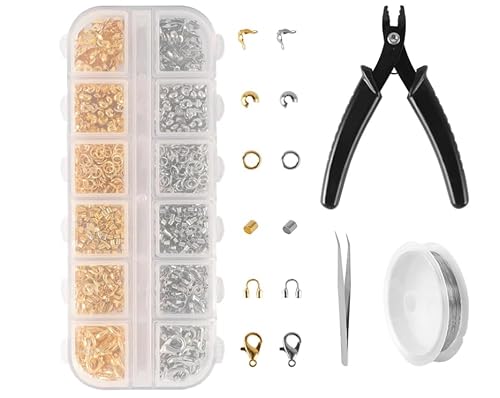 PATRICKWHITE 1200 Stück Quetschperlen Set, Crimp Perlen Set mit 6 Zubehörteilen, Schmuckherstellung Set mit Pinzette und Schmuckzange，Perlendrähte ，Karabinerverschlüsse für Halsketten und Armbänder von PATRICKWHITE