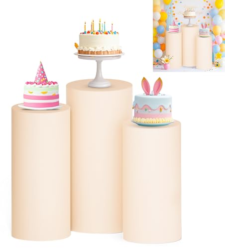 PATYDEST Spandex Zylinder-Ständer-Abdeckungen, Set mit 3 beigefarbenen Sockelständern, Stretch-Sockelabdeckung, elastische Säulenabdeckungen für Geburtstagsfeiern, Babypartys, Desserts PATYDEST Spandex Zylinder-Ständer-Abdeckungen, Set mit 3 beigefarbenen Sockelständern, Stretch-Sockelabdeckung, elastische Säulenabdeckungen für Geburtstagsfeiern, Babypartys, Desserts von PATYDEST