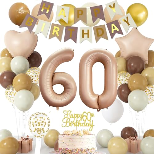 Geburtstagsdeko 60 Frau Männer Beige Gold Deko 60. Geburtstagdeko mit Banner 60 Geburtstag Girlande Zahl 60 Luftballons Retro Weiß Gold Party Ballons Tortendeko für 60 Geburtstag Dekorations von PATYVOR