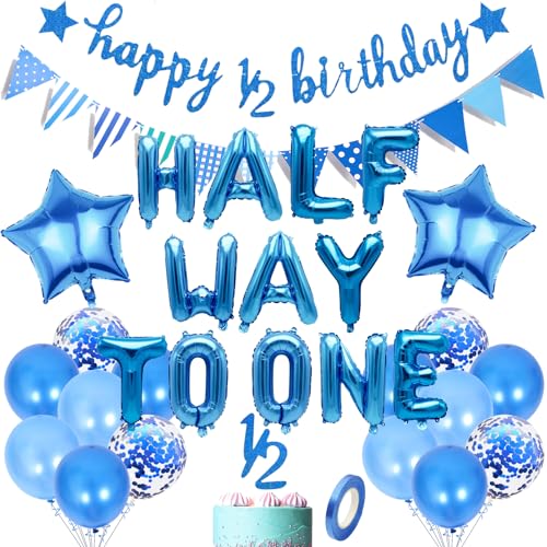 PAUBLLON Half Way to One Dekorationsset – 32 Stück 6 Monate Geburtstagsparty-Zubehör für 1/2 Geburtstag Junge, inklusive Dreieck-Banner, Luftballons und Kuchenaufsätzen, blaues Thema Babyparty-Dekor PAUBLLON Half Way to One Dekorationsset – 32 Stück 6 Monate Geburtstagsparty-Zubehör für 1/2 Geburtstag Junge, inklusive Dreieck-Banner, Luftballons und Kuchenaufsätzen, blaues Thema Babyparty-Dekor von PAUBLLON