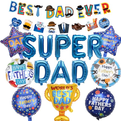 PAUBLLON Vatertagsdekorationen – Vatertagsbanner und Luftballons, "Best Dad Ever"-Luftballons, Kuchendekoration, Happy Father's Day Wimpelkette für Papa, Party, Zuhause, Bar, Outdoor-Dekorationen (A) von PAUBLLON