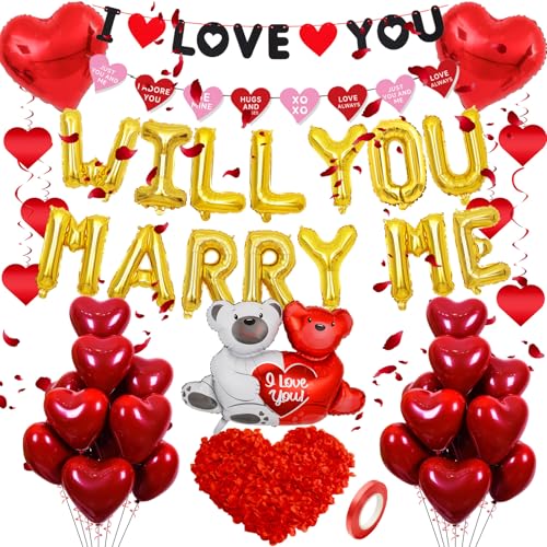 PAUBLLON "Will You Marry Me"-Dekorationsset, 1044 Stück, Antragsdekorationen mit "I Love You"-Banner, goldenen Luftballons mit Aufschrift "Will You Marry Me", und rote Herzballons für Hochzeiten und PAUBLLON "Will You Marry Me"-Dekorationsset, 1044 Stück, Antragsdekorationen mit "I Love You"-Banner, goldenen Luftballons mit Aufschrift "Will You Marry Me", und rote Herzballons für Hochzeiten und von PAUBLLON