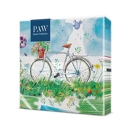 PAW - Servietten 3-lagig (33 x 33 cm) I 20 Stück I Perfekt für Geburtstage, Partys, Hochzeiten, Kommunion I Papierservietten Bunt - Blumen, Frühling, Sommer, Fahrrad I Farbe: Watercolor Bicycle von PAW Decor Collection