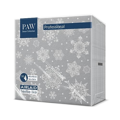 PAW - Airlaid Servietten (40 x 40 cm) I 50 Stück I Perfekt für Weihnachten, Winter, Feiertage I Heiligabend Tischdekoration I Airlaid-Servietten Stoffähnlich - Schneeflocken Silber I Snowflakes silver von PAW Decor Collection