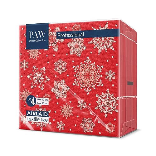 PAW - Airlaid Servietten (40 x 40 cm) I 50 Stück I Perfekt für Weihnachten, Winter, Feiertage I Heiligabend Tischdekoration I Airlaid-Servietten Stoffähnlich - Schneeflocken rot I Snowflakes red von PAW Decor Collection