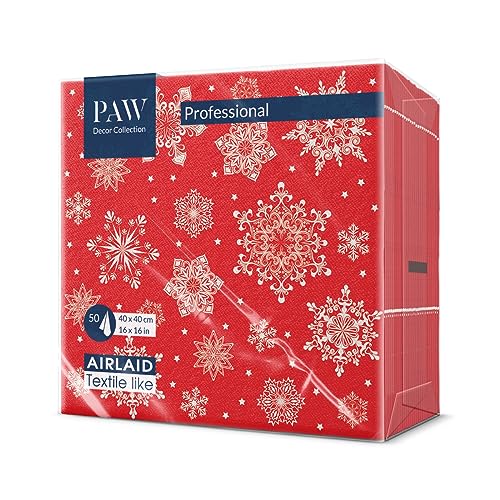 PAW - Airlaid Servietten (40 x 40 cm) I 50 Stück I Perfekt für Weihnachten, Winter, Feiertage I Heiligabend Tischdekoration I Airlaid-Servietten Stoffähnlich - Schneeflocken rot I Snowflakes red von PAW Decor Collection