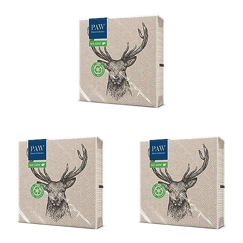 PAW Decor Collection x PAW Decor Collection cm 3-lagige Papierservietten. 20 Stück. Gedruckt mit wasserbasierten Farben. Tischdekoration. Natur, Hirsc, Paw_022022, Deer, 33 x 33 cm (Packung mit 3) von PAW Decor Collection