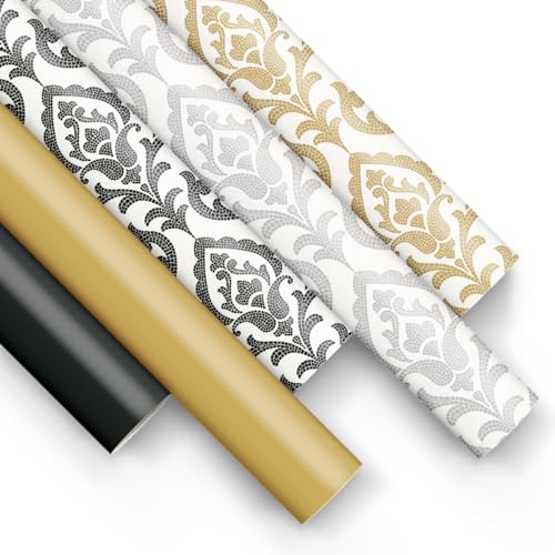 PAW - Geschenkpapier 200x70cm - 5 Rollen | Mix aus 5 Motiven | Elegante Papierrolle für Geburtstage, Hochzeiten, Babypartys, Partys und Geschenke - Schwarz, Gold, Gemustert von PAW Decor Collection