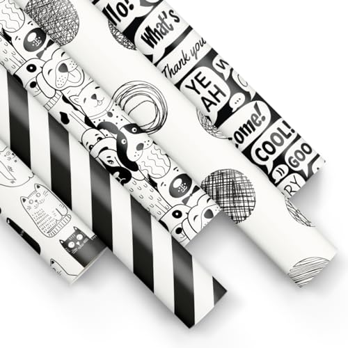 PAW - Geschenkpapier 200x70cm - 5 Rollen | Mix aus 5 Motiven | Elegante Papierrolle für Geburtstage, Hochzeiten, Babypartys, Partys und Geschenke - Schwarz und weiß PAW - Geschenkpapier 200x70cm - 5 Rollen | Mix aus 5 Motiven | Elegante Papierrolle für Geburtstage, Hochzeiten, Babypartys, Partys und Geschenke - Schwarz und weiß von PAW Decor Collection