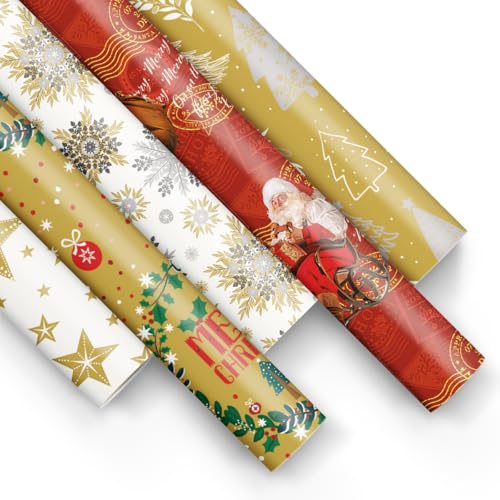 PAW - Geschenkpapier 200x70cm - 5 Rollen | Mix aus 5 Motiven | Elegante Papierrolle für Weihnachten, Wintergeschenke, Geschenke, Geburtstage - Goldene Weihnachten, Weihnachtsmann von PAW Decor Collection