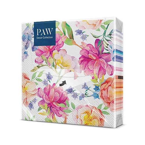 PAW - Servietten 3-lagig (33 x 33 cm) I 20 Stück I Perfekt für Geburtstage, Partys, Hochzeiten, Kommunion und Feiern I Papierservietten Bunt - Pfingstrosen, Blumen I Farbe: Orchid with Peony von PAW Decor Collection