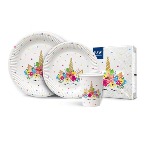 PAW - Partygeschirr Set I 16 Personen, 68 Elemente I Party Geschirrset - 20 x Papierservietten, 32 x Pappteller, 16 x Pappbecher I Einweggeschirr Set - Einhorn, Bunt, Sterne (Unicorn Party) von PAW Decor Collection