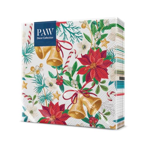 PAW - Servietten 3-lagig (33 x 33 cm) | 20 Stück | Papierservietten Bunt Perfekt für den Weihnachtstisch | Einweg Servietten - Weihnachten, Winter, Weihnachtsglocken | Botanisches Weihnachtsfest von PAW Decor Collection