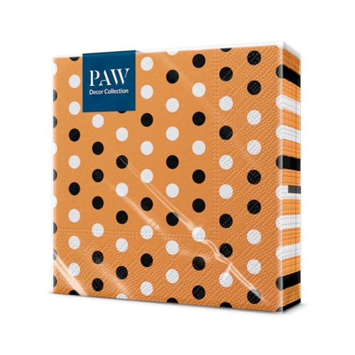 PAW - Servietten 3-lagig (33 x 33 cm) | 20 Stück | Perfekt für Halloween Partys Dekoration Zubehör | Herbst Tischdeko | Einweg Papierservietten - Orangefarbene Weiße Schwarze Punkte | Halloween-Punkte von PAW Decor Collection