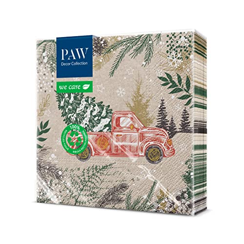 PAW - Servietten 3-lagig (33 x 33 cm) I 20 Stück I Papierservietten Bunt Perfekt für den Weihnachtstisch I Servietten - Weihnachten, Winter, Weihnachtsbaum, Auto I Vintage Christmas Car von PAW Decor Collection