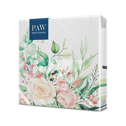 PAW - Servietten 3-lagig (33 x 33 cm) I 20 Stück I Perfekt für Geburtstage, Partys, Hochzeiten, Kommunion und Feiern I Papierservietten Bunt - Blumen, Rosen I Farbe: Floral Moments von PAW Decor Collection