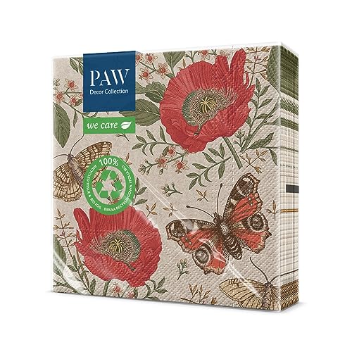 PAW - Servietten 3-lagig (33 x 33 cm) I 20 Stück I Perfekt für Geburtstage, Partys, Kommunion und Feiern I Papierservietten mit Natur Motiv I Umweltschutz, Blumen, Schmetterlinge I Passing Butterflies von PAW Decor Collection