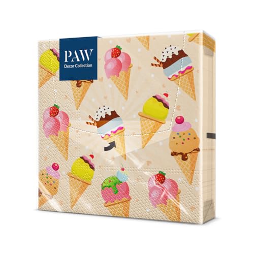 PAW - Servietten 3-lagig (33 x 33 cm) I 20 Stück I Perfekt für Partys, Geburtstage, Feiern I Kinderparty Tischdeko - Bunte Papierservietten mit Motiv - Eiscreme I Ice Cream von PAW