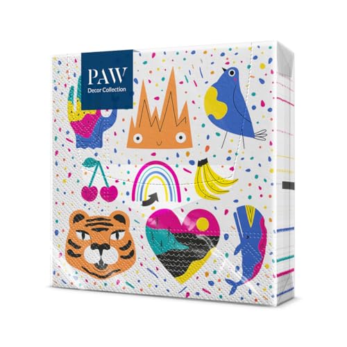 PAW - Servietten 3-lagig (33 x 33 cm) I 20 Stück I Perfekt für Partys, Geburtstage, Feiern I Kinderparty Tischdeko - Bunte Papierservietten mit Motiv - Kritzelfreunde I Doodle Friends von PAW Decor Collection