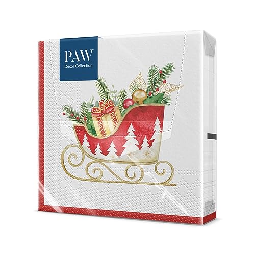 PAW - Servietten 3-lagig (33 x 33 cm) I 20 Stück I Perfekt für Weihnachten, Winter, Feiertage I Heiligabend Winterzeit Tischdekoration I Winter Papierservietten - Feiertagsschlitten I Holiday Sleigh von PAW Decor Collection