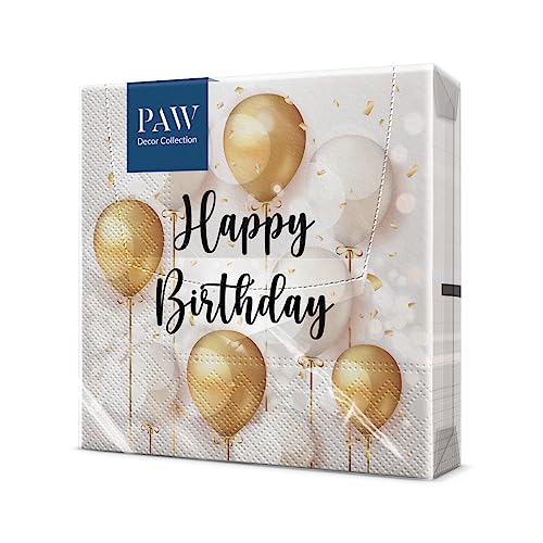 PAW - Servietten Geburtstag (33 x 33 cm) I 20 Stück I Perfekt für Partys, Geburtstage, Feiern I Papierservietten mit Ballonmotiv - Gold, Weiß I Tischdekoration I Farbe: Birthday Gold Celebration von PAW Decor Collection