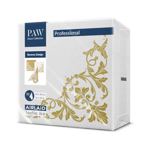 PAW - Servietten aus Airlaid - Stoffähnlich (40 x 40 cm) I 50 Stück I Ideal für Hochzeit, Taufe, Kommunion, Geburtstag I Hochwertige Tischdeko Rückseite-Muster - Weiß-Gold I Reverse Motif gold-white von PAW Decor Collection
