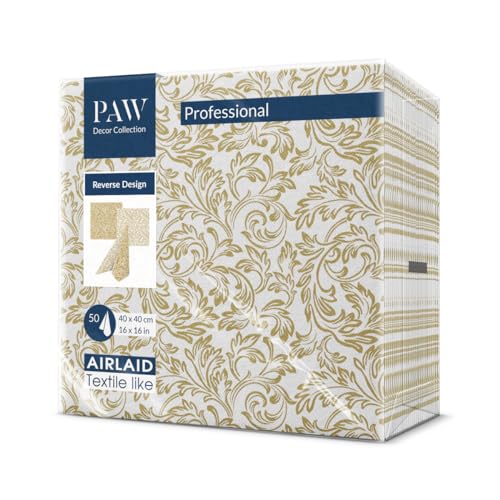 PAW - Servietten aus Airlaid - Stoffähnlich (40 x 40 cm) I 50 Stück I Ideal für Hochzeit, Taufe, Kommunion, Geburtstag I Tischdeko Rückseite-Muster - Barock Gold I Reverse Baroque Etude gold von PAW Decor Collection