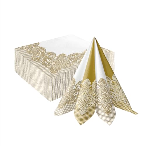 PAW - Servietten aus Airlaid - Stoffähnlich (40 x 40 cm) I 50 Stück I Ideal für Hochzeit, Taufe, Kommunion, Geburtstag I Tischdeko Rückseite-Muster - Weiß-Gold I Reverse Royal Lace gold-white von PAW Decor Collection