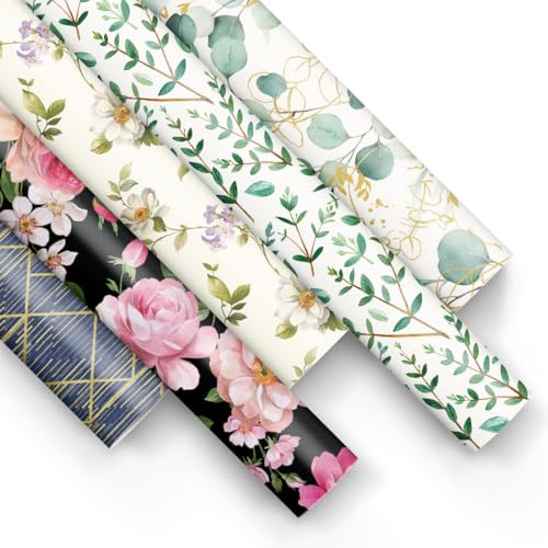 PAW - Geschenkpapier 200x70cm - 50 Rollen | Mix aus 5 Motiven | Elegante Papierrolle für Geburtstage, Hochzeiten, Babypartys, Partys und Geschenke - Florale Muster von PAW Decor Collection