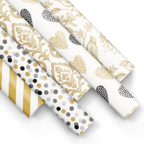 PAW - Geschenkpapier 200x70cm - 50 Rollen | Mix aus 5 Motiven | Elegante Papierrolle für Geburtstage, Hochzeiten, Babypartys, Partys und Geschenke - Schwarz-goldene Muster PAW - Geschenkpapier 200x70cm - 50 Rollen | Mix aus 5 Motiven | Elegante Papierrolle für Geburtstage, Hochzeiten, Babypartys, Partys und Geschenke - Schwarz-goldene Muster von PAW Decor Collection