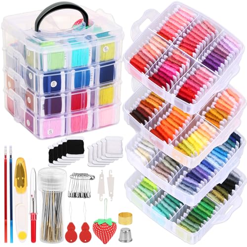 PAXCOO Stickgarn-Set, 276 Stück, inklusive 210 Farben, Kreuzstich-Nähgarn mit 66 Stickzubehör und 4-stöckiger transparenter Stickgarn-Aufbewahrungsbox von PAXCOO
