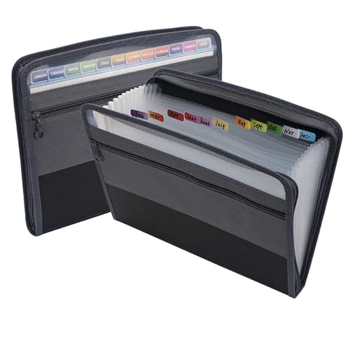 Ordner-Organisator, Expanding File Folder, 1 x Akkordeon-Aktenordner mit 13 Fächern, Reißverschluss und Klebeetiketten for A4 in mehreren Farben(Black) von PBDEIOEOE