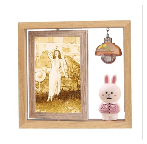 PBDEIOEOE Bilderrahmen, Holz-Fotorahmen, doppelseitig, drehbar, mit Licht, Cartoon-Schwein, 15,2 cm(Rabbit) von PBDEIOEOE