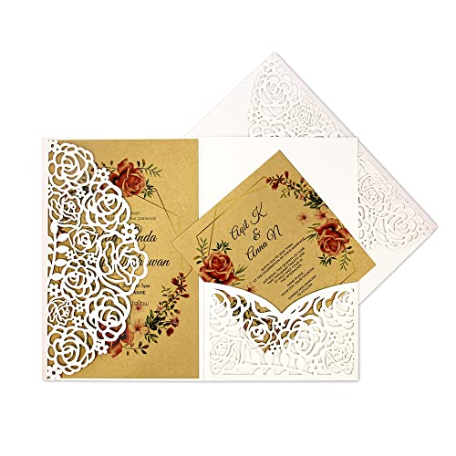 PCORES 25 Lasergeschnittene Hochzeitseinladungskarten-Sets 4,72" x 7,13", Exquisite, mit Umschlag, leerem Innenblatt, RSVP-Karten (weiß) von PCORES