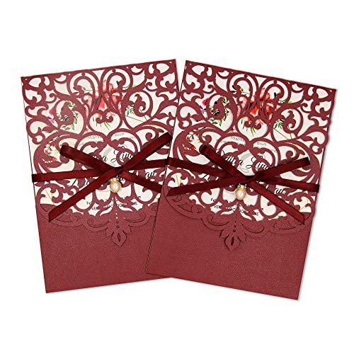 PCORES Hochzeitseinladungskarten-Set, lasergeschnitten, 13x18 cm, exquisites Muster, mit Umschlag, leeres Innenblatt und Schleife, für Brautpartys, Verlobungsfeiern, Weinrot, 40 Stück PCORES Hochzeitseinladungskarten-Set, lasergeschnitten, 13x18 cm, exquisites Muster, mit Umschlag, leeres Innenblatt und Schleife, für Brautpartys, Verlobungsfeiern, Weinrot, 40 Stück von PCORES