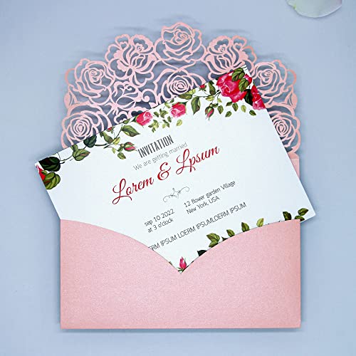 PCORES Lasergeschnittene Einladungen, Hochzeitseinladungen mit Umschlag, blanko Innenblatt und RSVP-Karten, Quinceanera-Einladungen für Hochzeitseinladungen (12,9 x 18,2 cm, Rosa) von PCORES